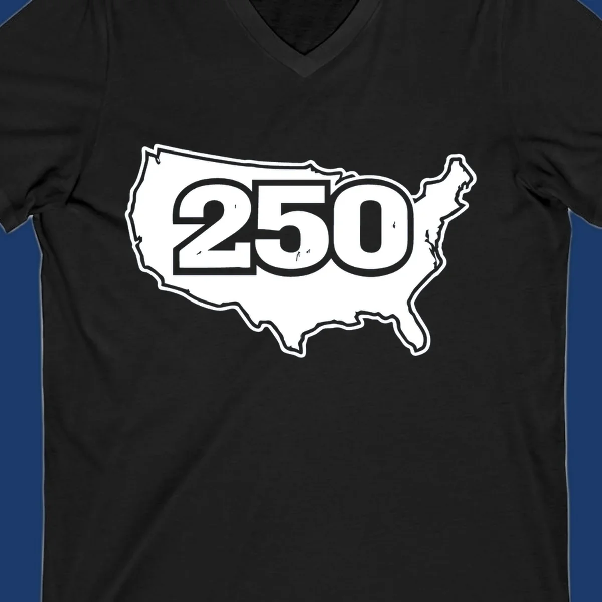 America 250th anniversary celebration design featuring the number 250 over a USA map.
