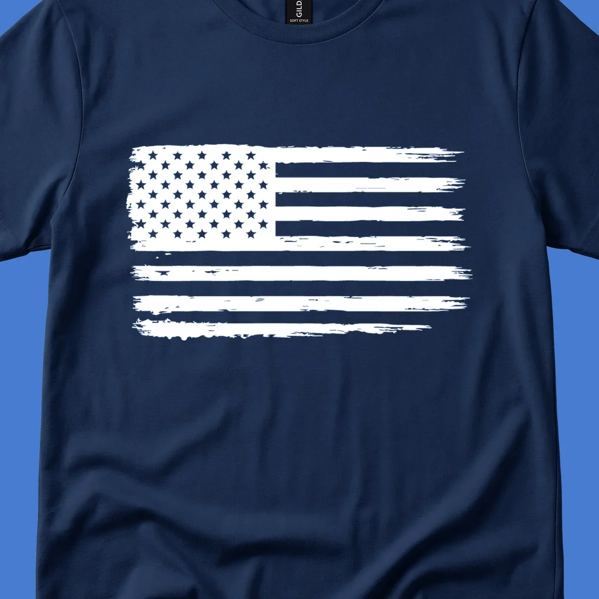 Distressed American flag graphic for bold event merch and party shirts.