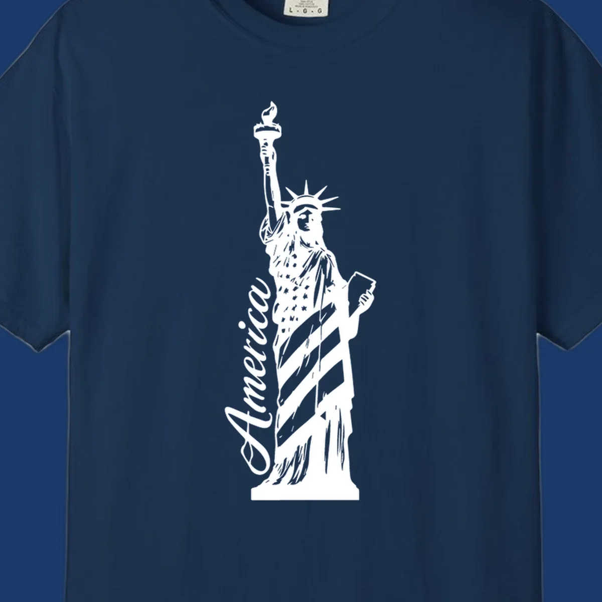 Statue of Liberty with American flag pattern and text 'America', representing the america-statue-celebration concept.