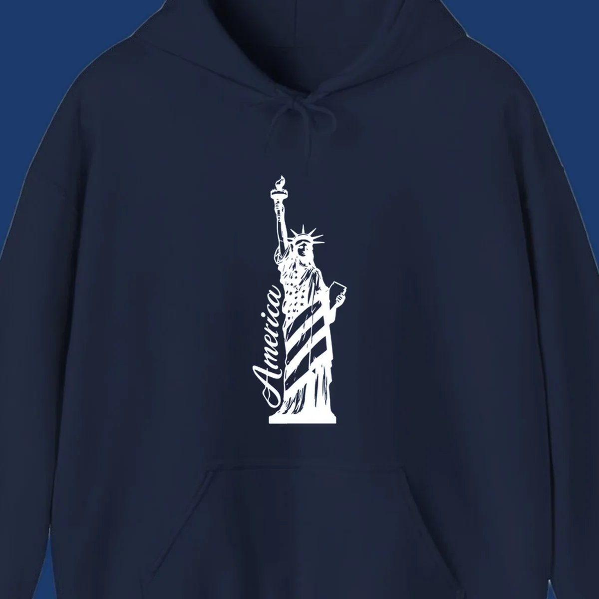 Statue of Liberty with American flag pattern and text 'America', representing the america-statue-celebration concept.
