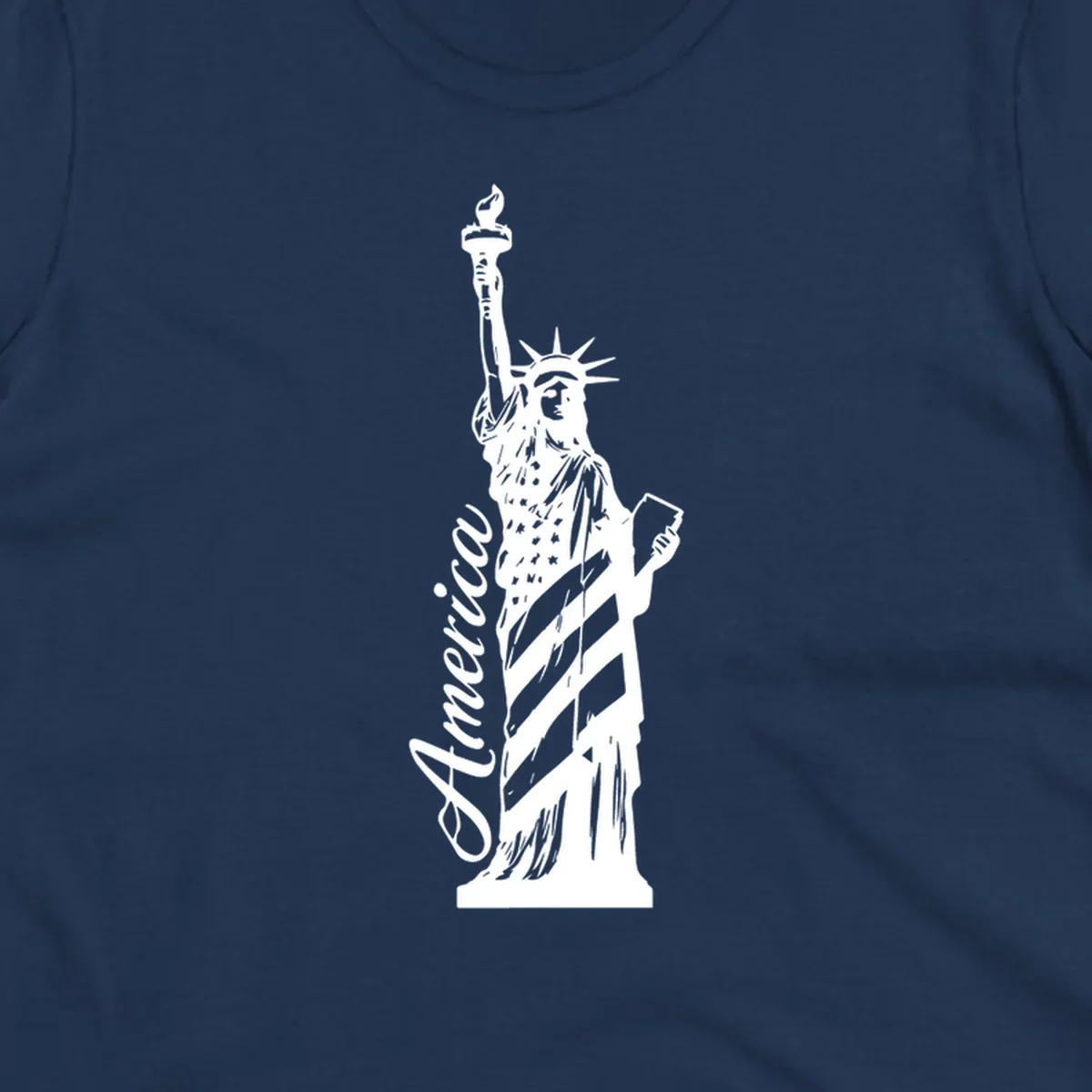 Statue of Liberty with American flag pattern and text 'America', representing the america-statue-celebration concept.