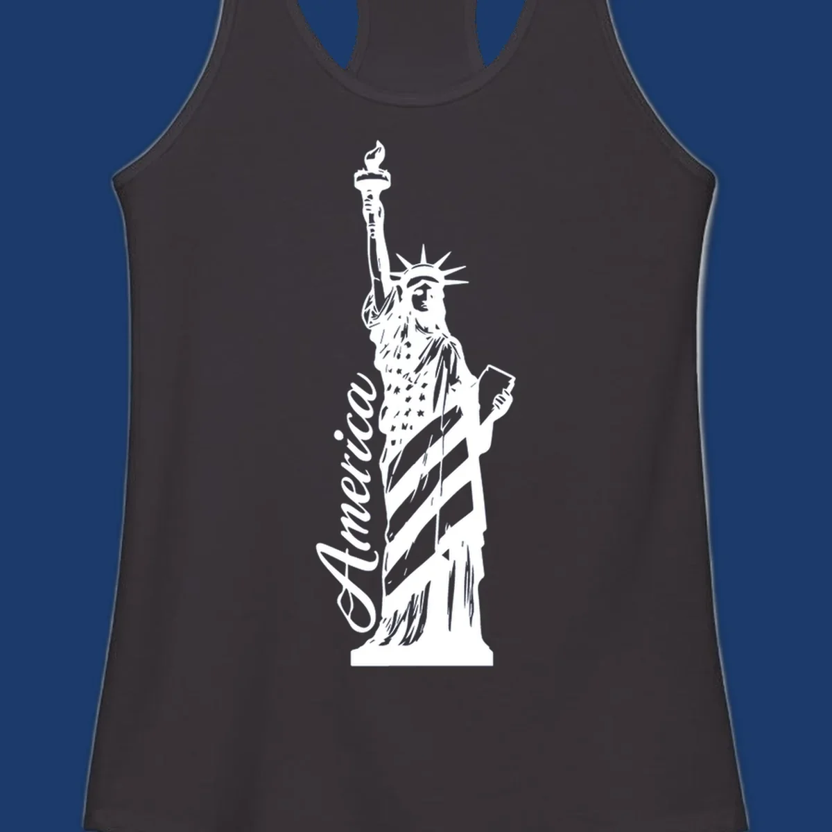 Statue of Liberty with American flag pattern and text 'America', representing the america-statue-celebration concept.