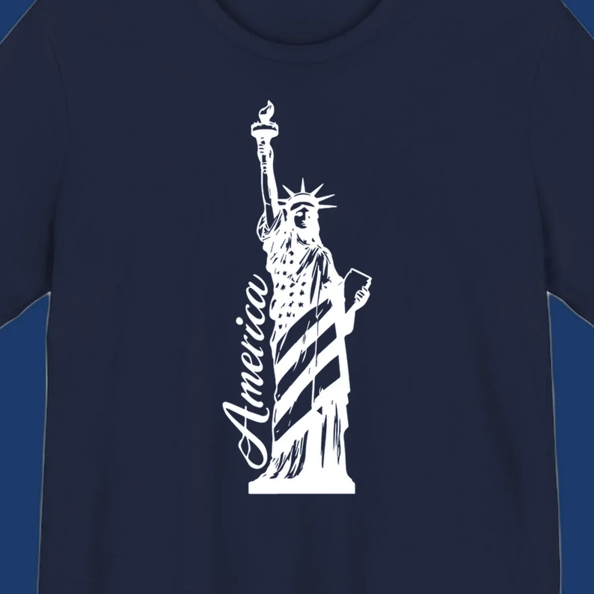 Statue of Liberty with American flag pattern and text 'America', representing the america-statue-celebration concept.