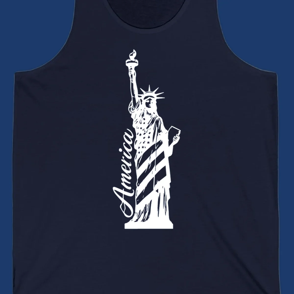 Statue of Liberty with American flag pattern and text 'America', representing the america-statue-celebration concept.