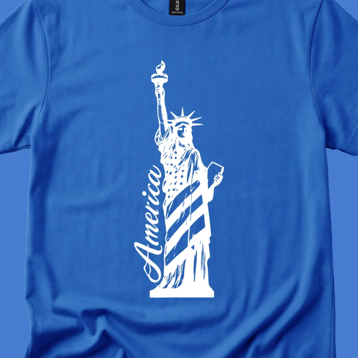 Statue of Liberty with American flag pattern and text 'America', representing the america-statue-celebration concept.