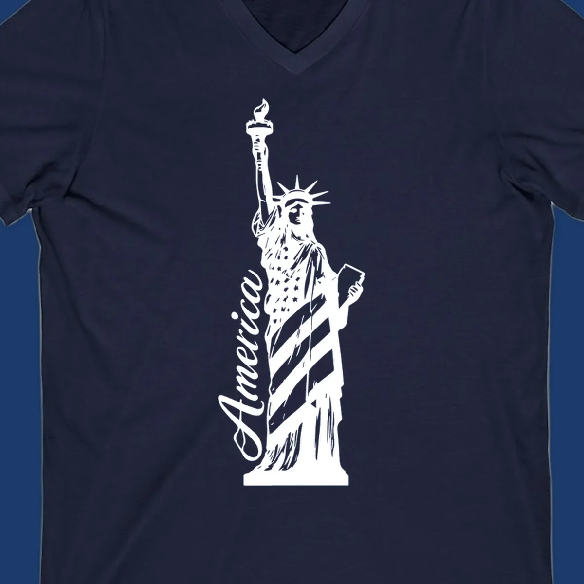 Statue of Liberty with American flag pattern and text 'America', representing the america-statue-celebration concept.