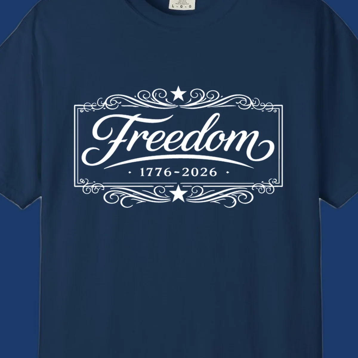 Freedom 250th anniversary text with decorative borders and stars.