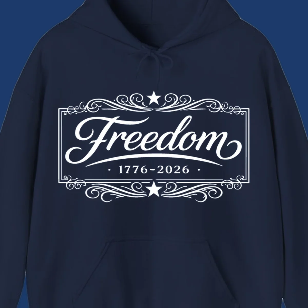 Freedom 250th anniversary text with decorative borders and stars.