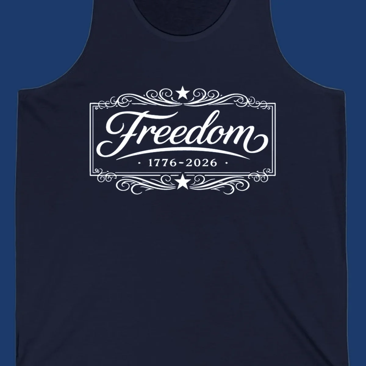Freedom 250th anniversary text with decorative borders and stars.