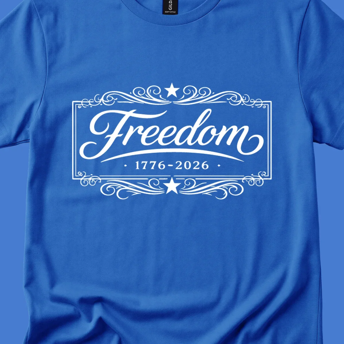 Freedom 250th anniversary text with decorative borders and stars.