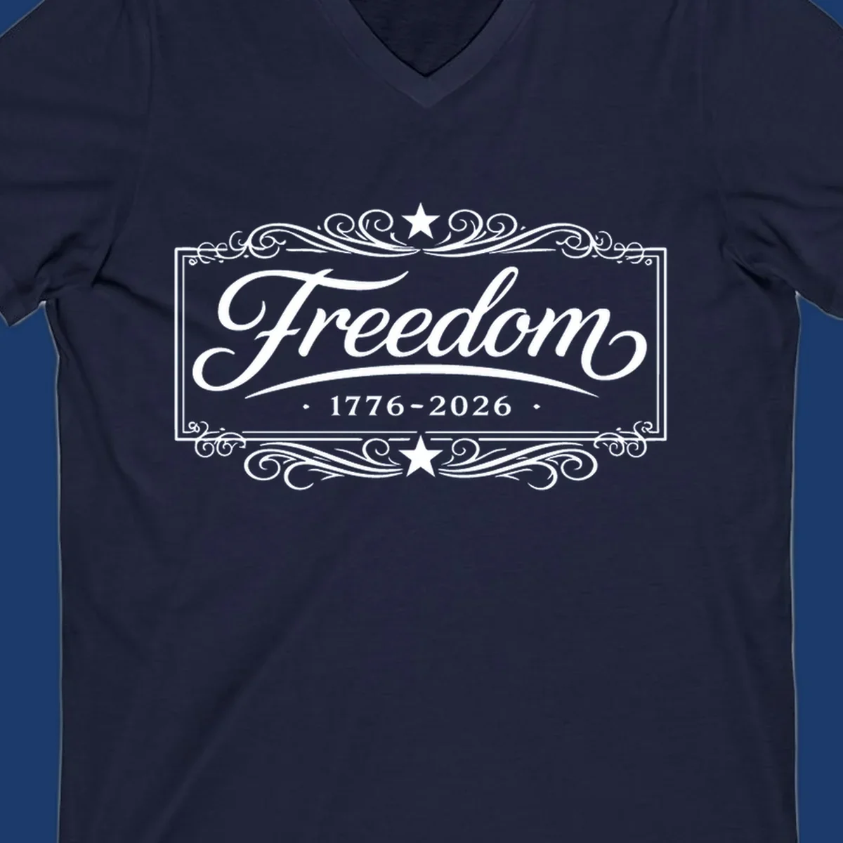 Freedom 250th anniversary text with decorative borders and stars.