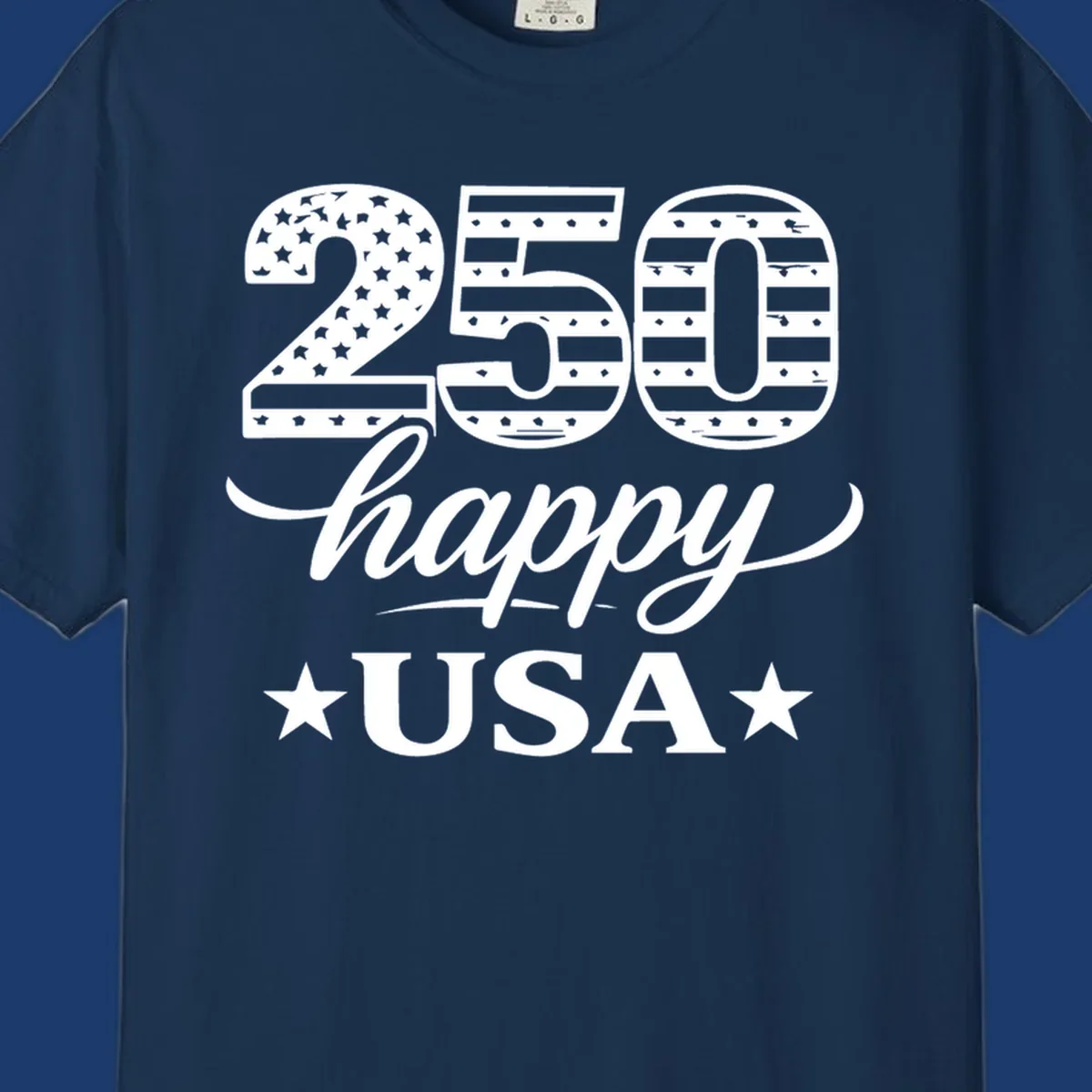 America 250th anniversary design with "250 happy USA" text and patriotic stars and stripes elements.