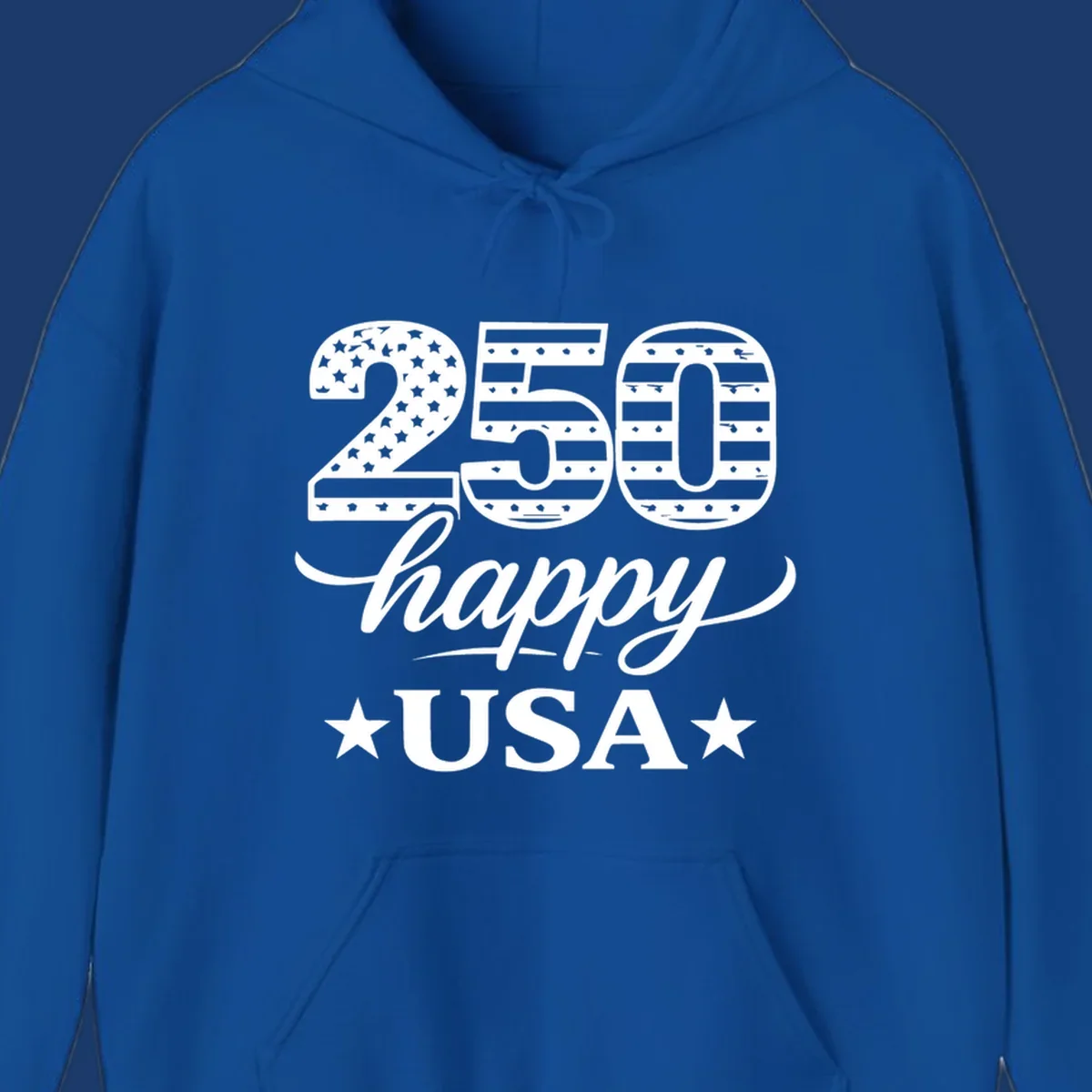 America 250th anniversary design with "250 happy USA" text and patriotic stars and stripes elements.