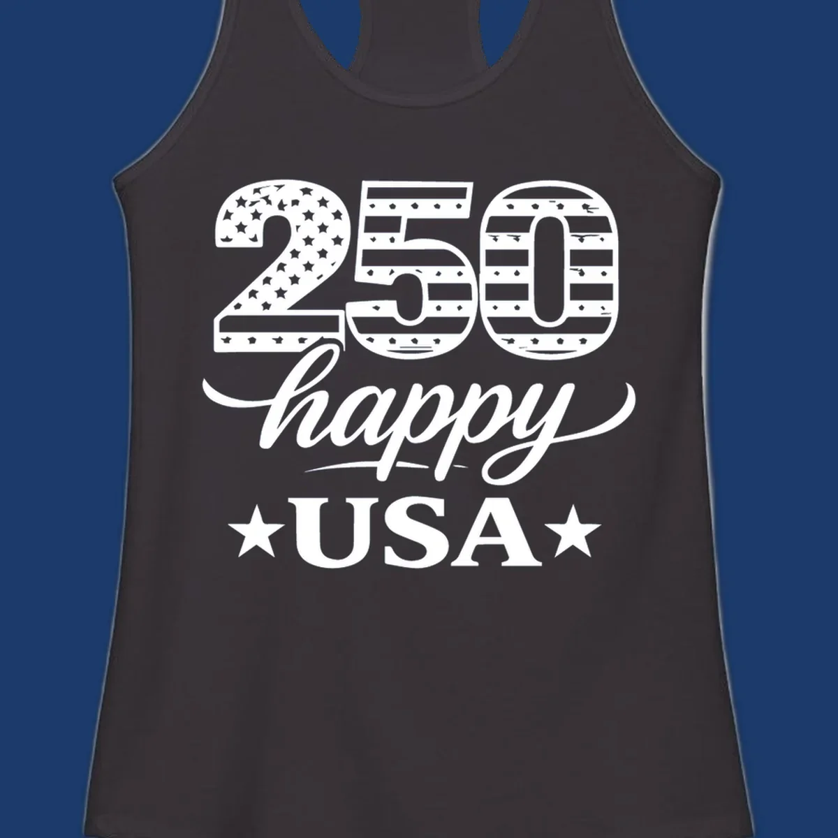 America 250th anniversary design with "250 happy USA" text and patriotic stars and stripes elements.