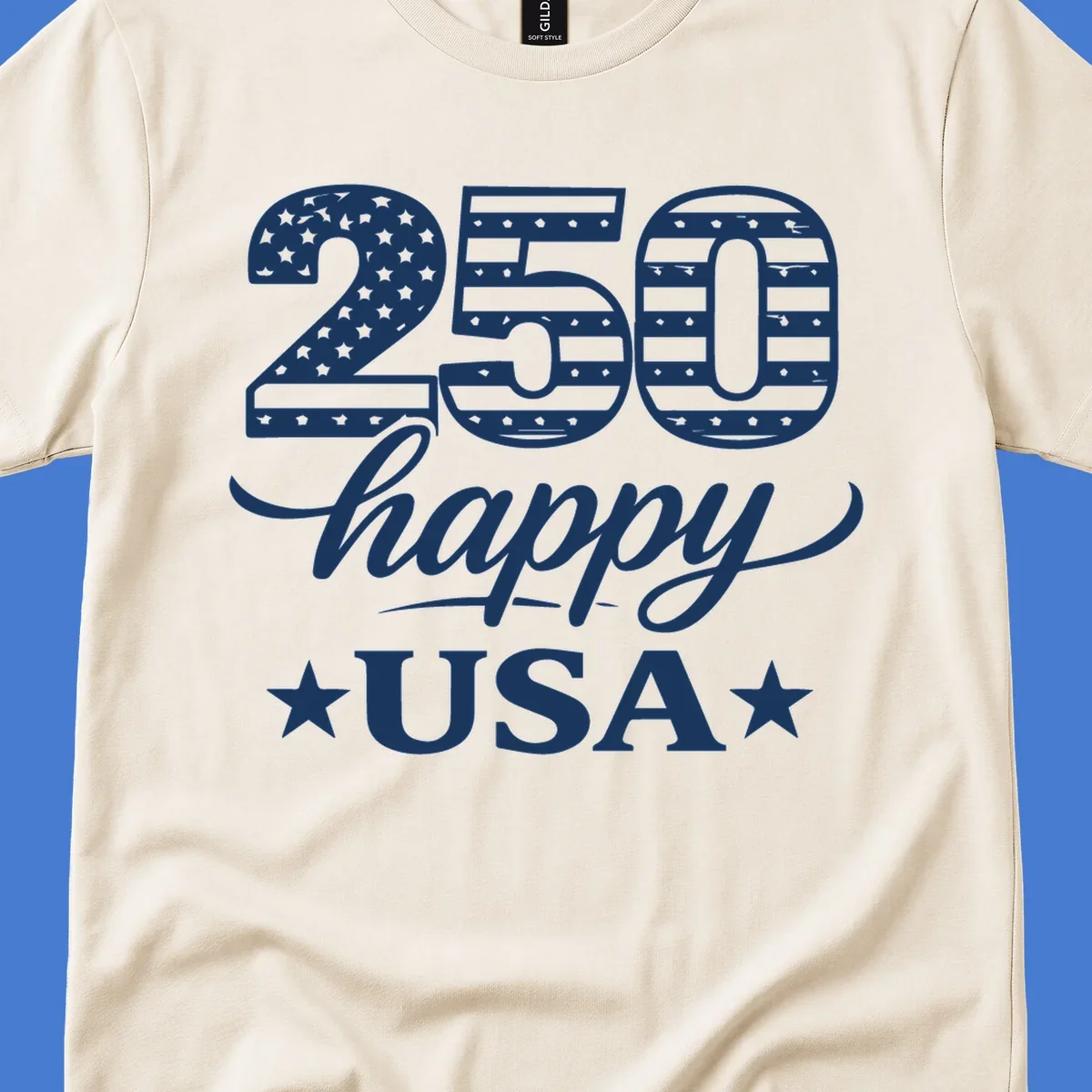 America 250th anniversary design with "250 happy USA" text and patriotic stars and stripes elements.