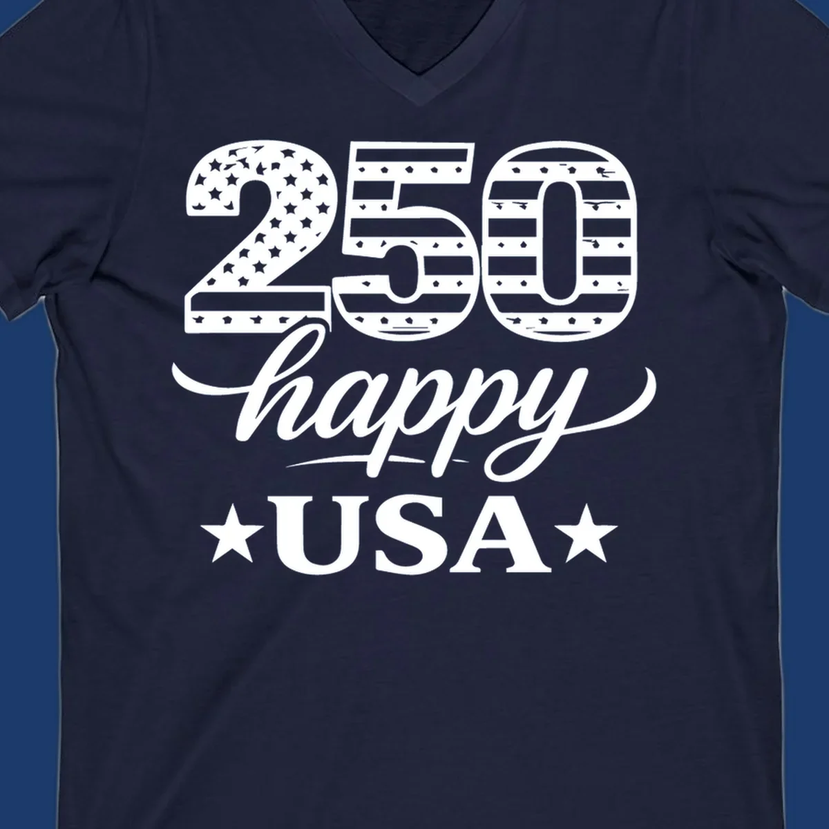 America 250th anniversary design with "250 happy USA" text and patriotic stars and stripes elements.