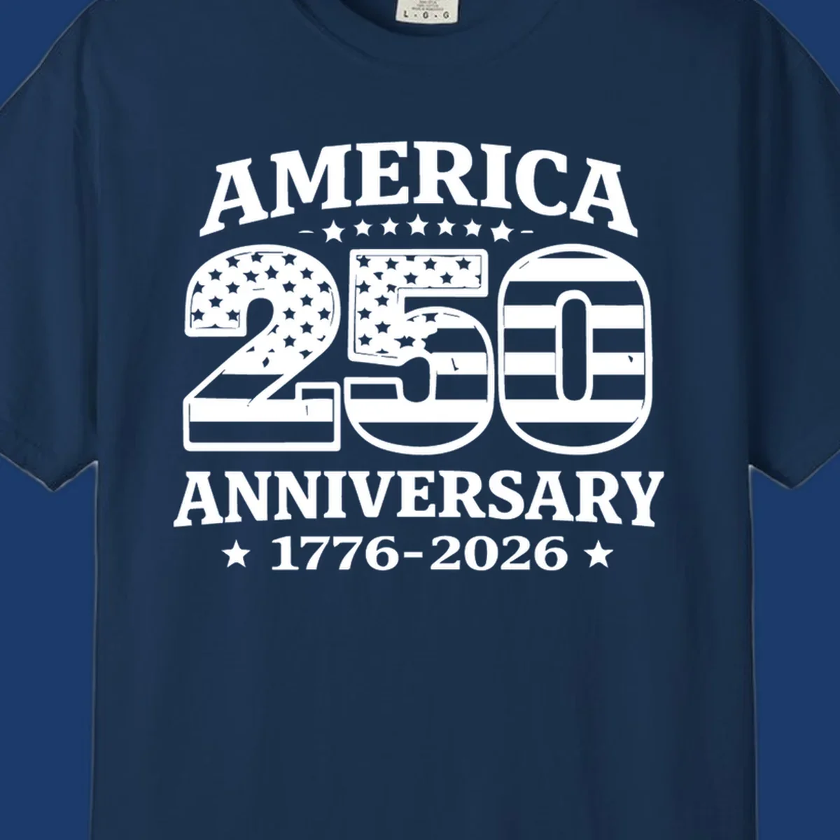 America 250th anniversary text and numbers with American flag elements.