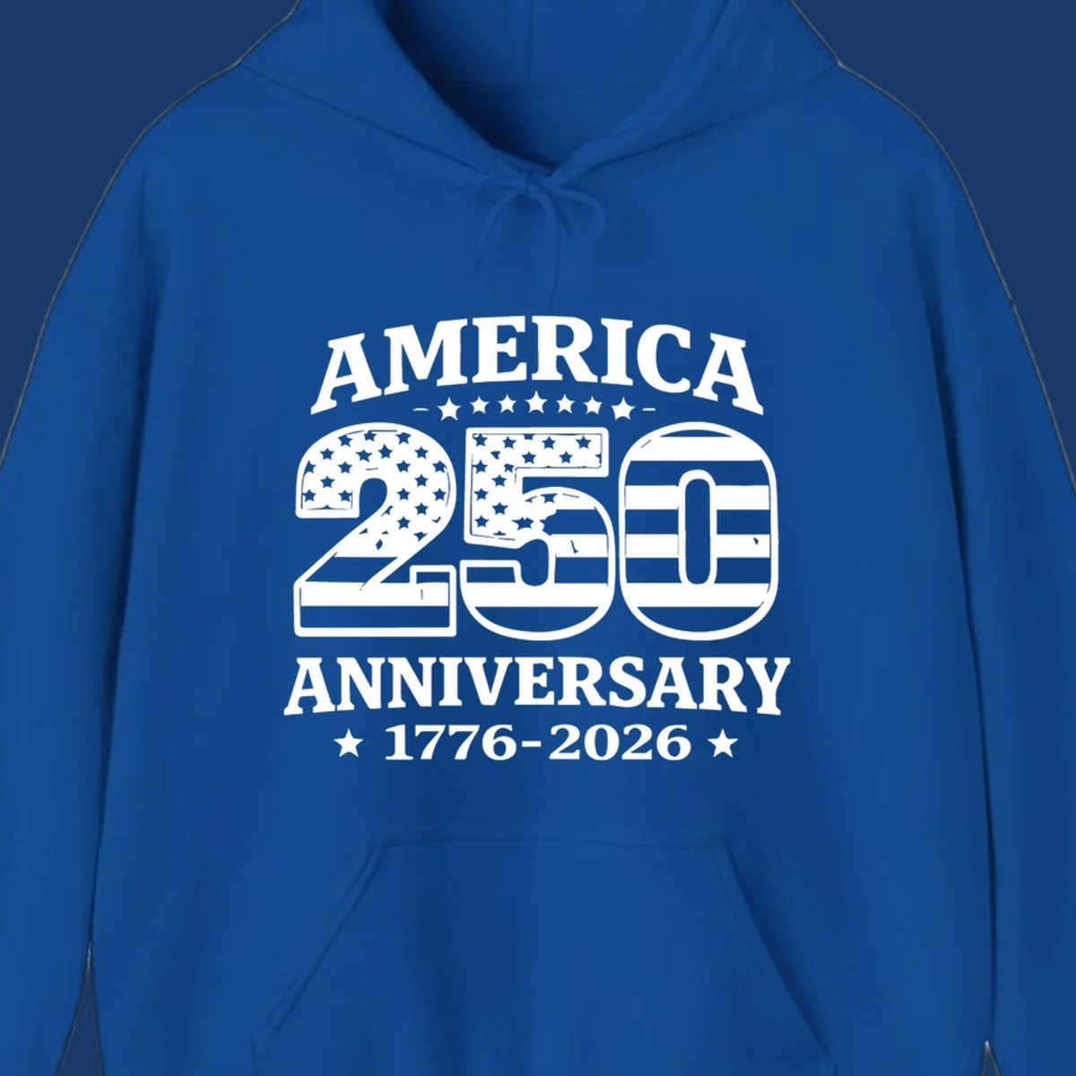 America 250th anniversary text and numbers with American flag elements.