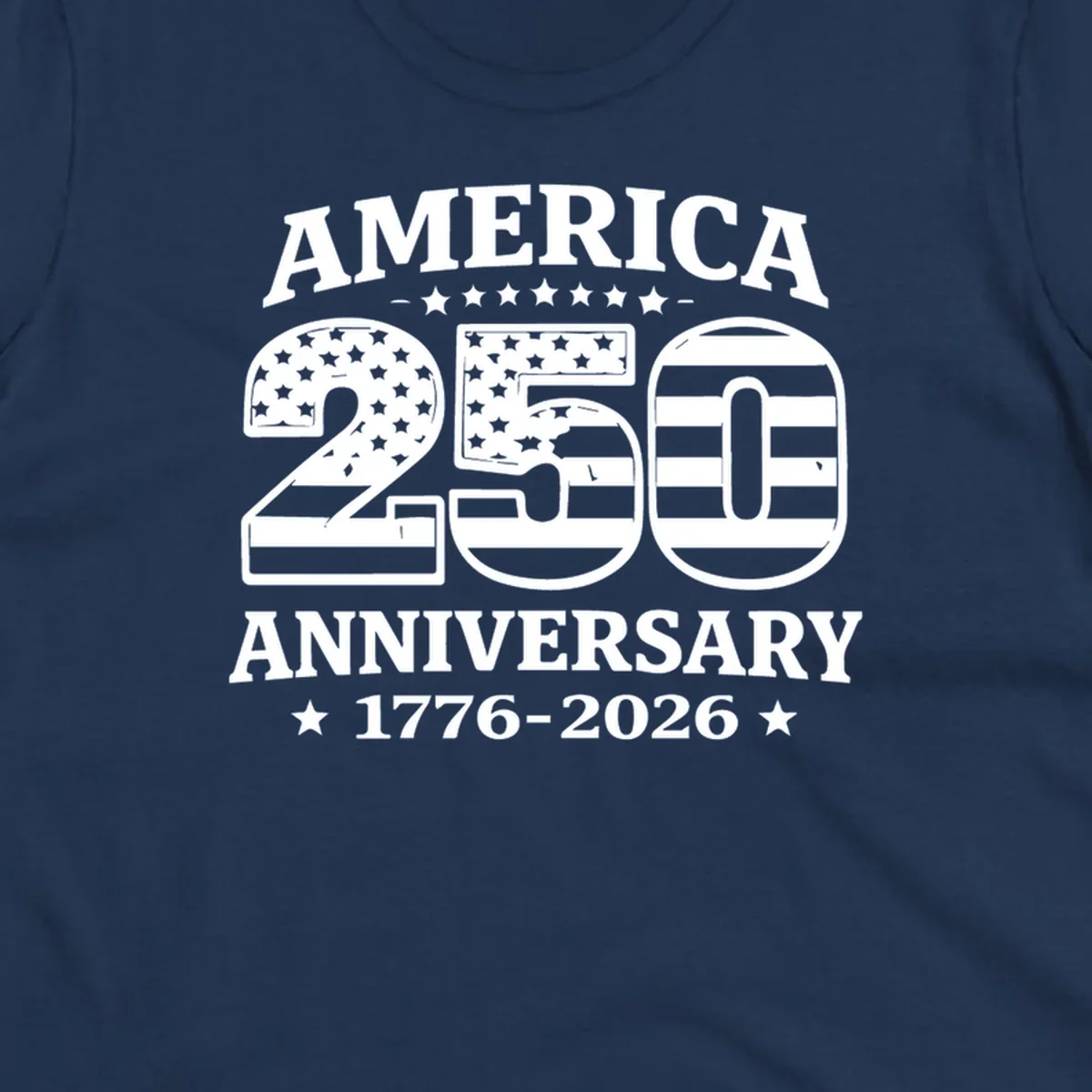 America 250th anniversary text and numbers with American flag elements.