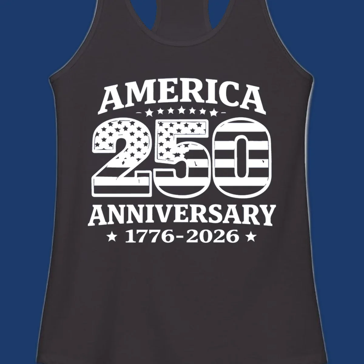 America 250th anniversary text and numbers with American flag elements.