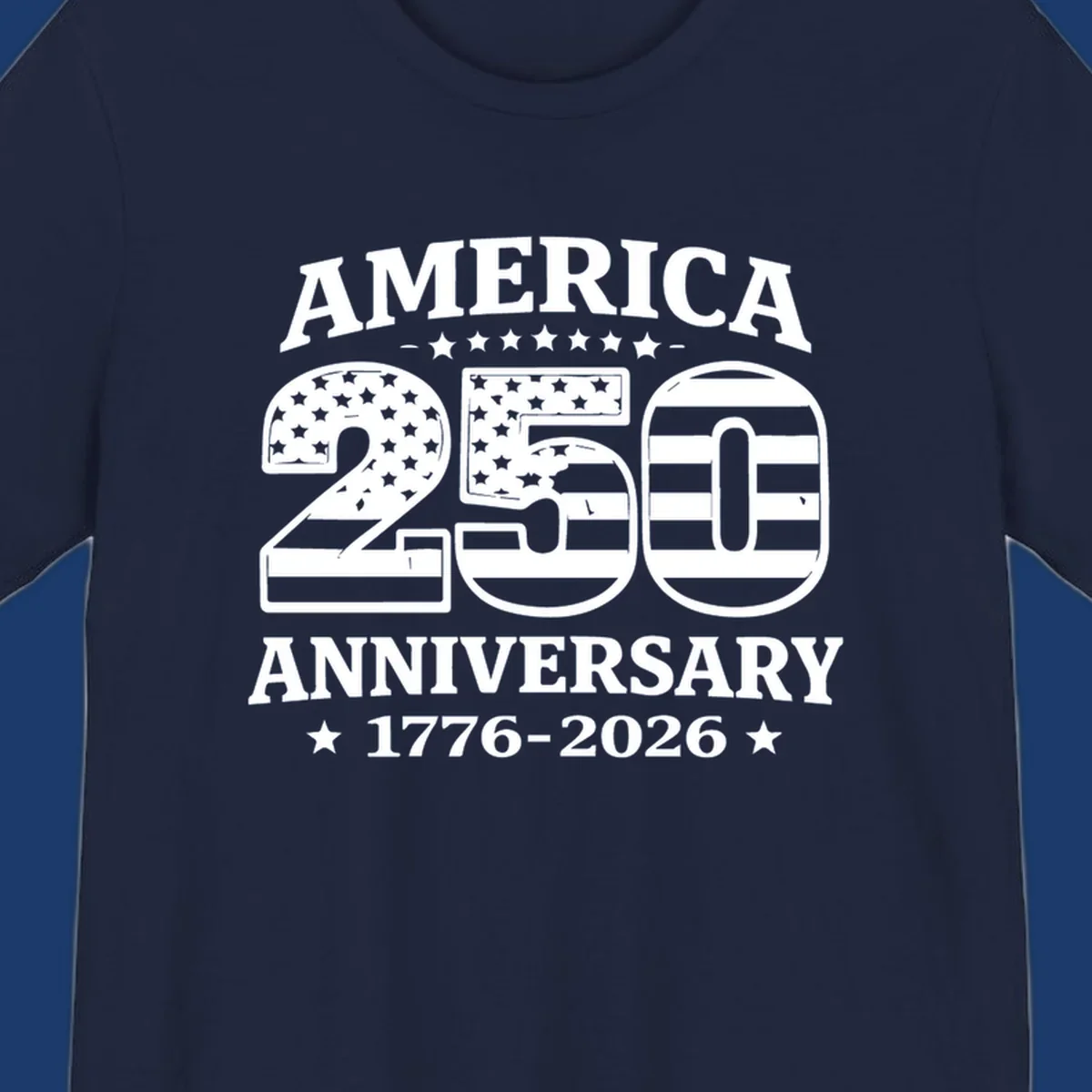 America 250th anniversary text and numbers with American flag elements.