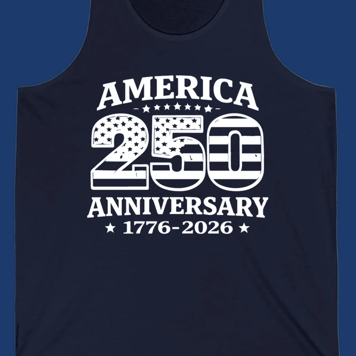 America 250th anniversary text and numbers with American flag elements.