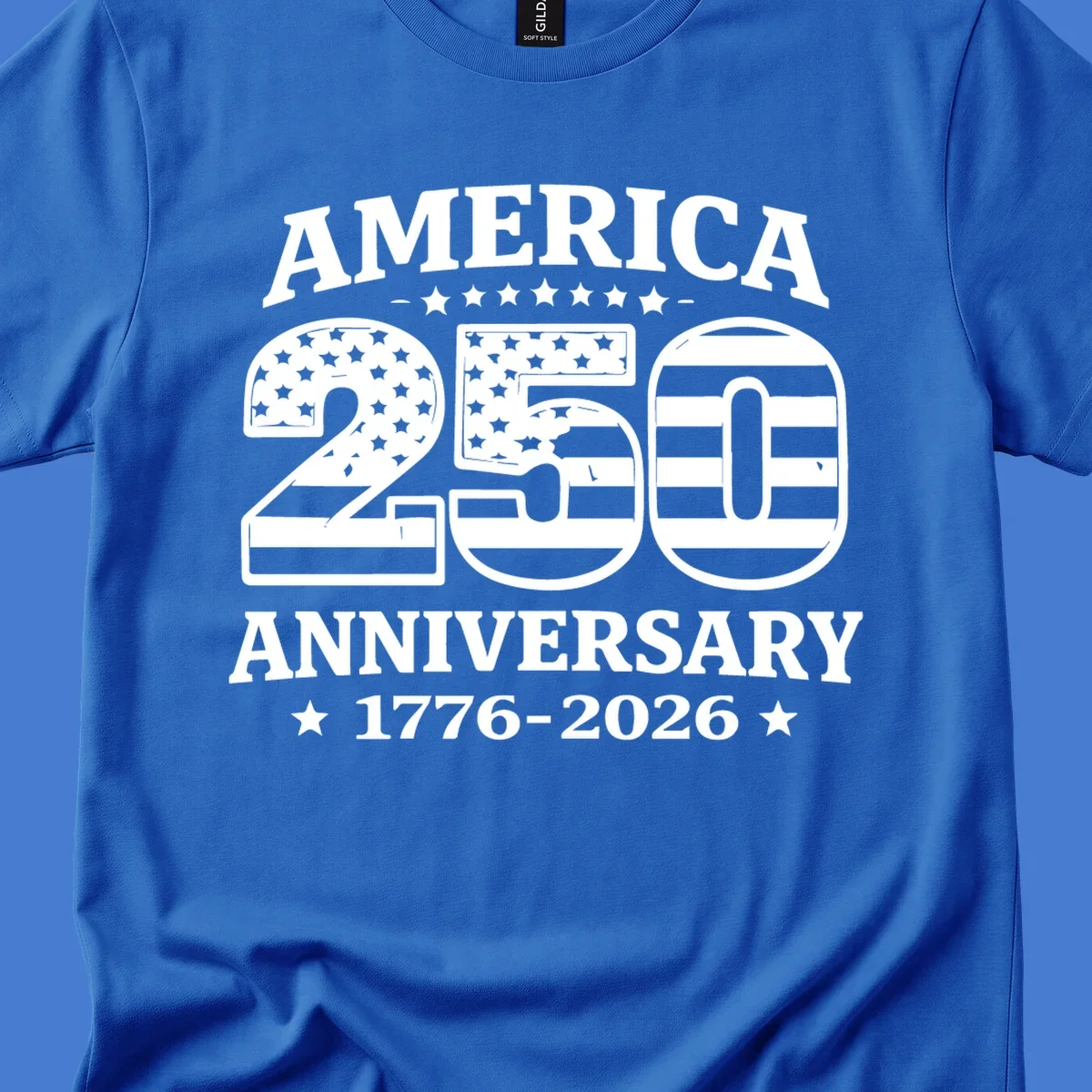 America 250th anniversary text and numbers with American flag elements.