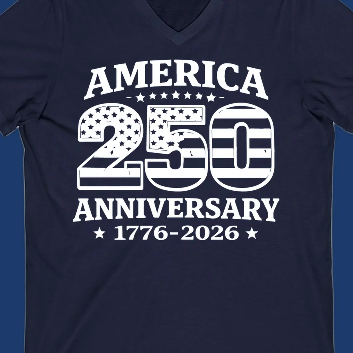 America 250th anniversary text and numbers with American flag elements.