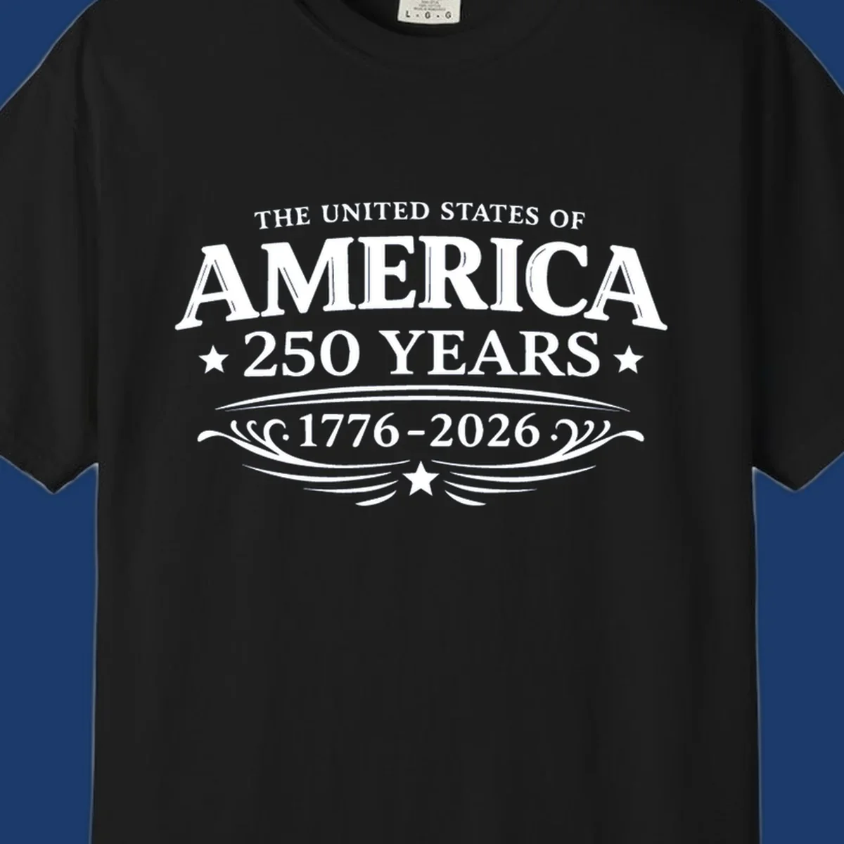 America 250 years text and dates 1776-2026 with stars and decorative elements.