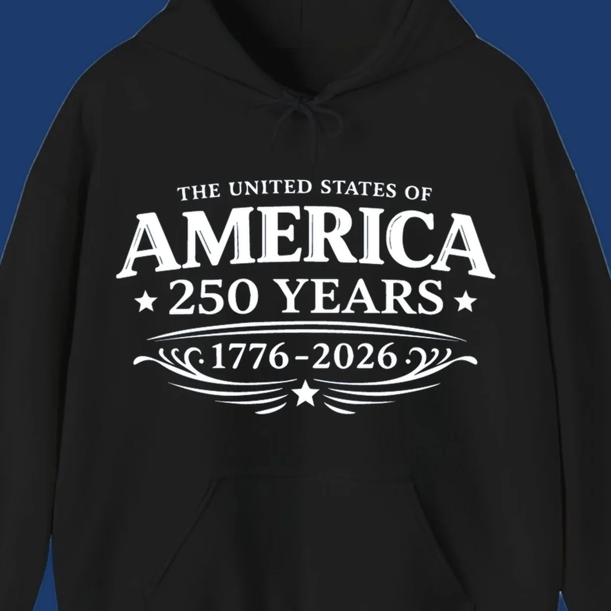 America 250 years text and dates 1776-2026 with stars and decorative elements.
