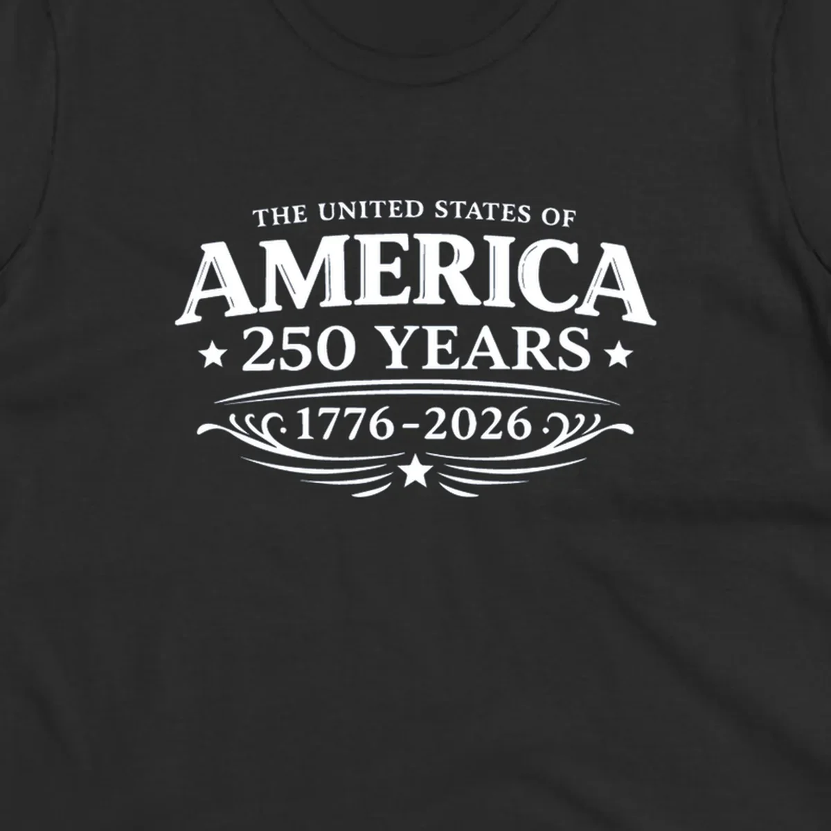 America 250 years text and dates 1776-2026 with stars and decorative elements.