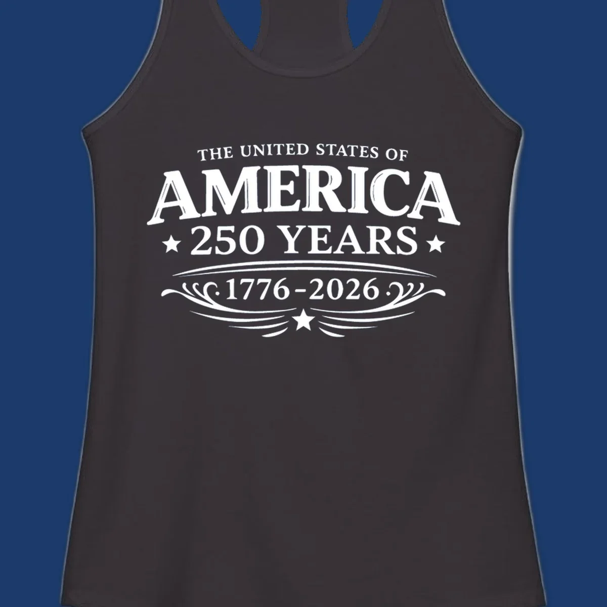 America 250 years text and dates 1776-2026 with stars and decorative elements.