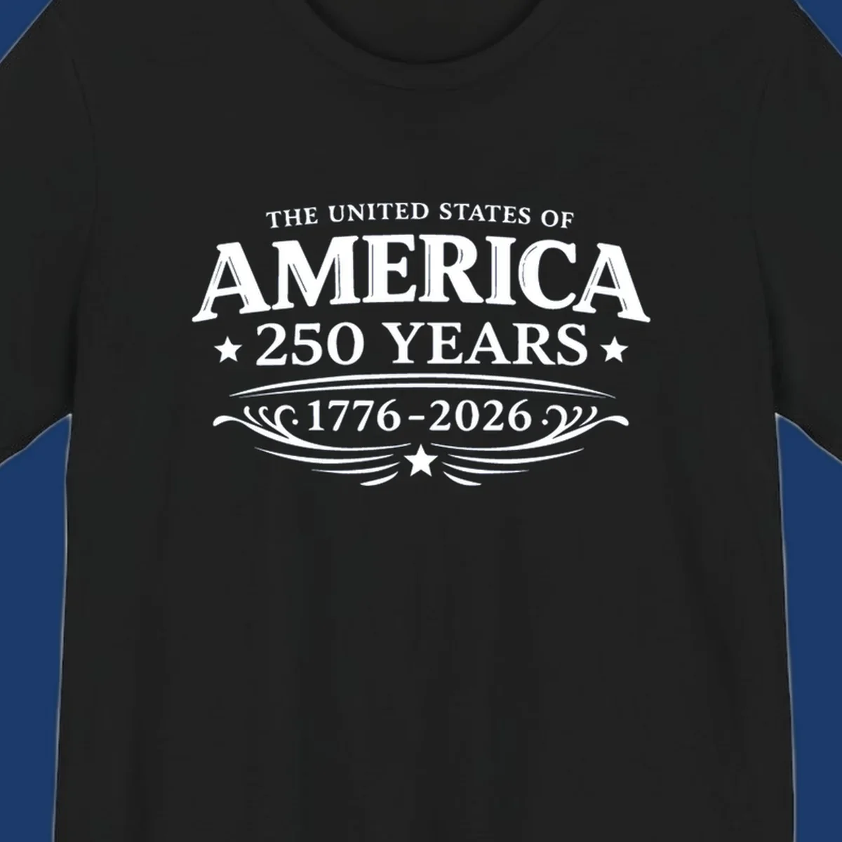 America 250 years text and dates 1776-2026 with stars and decorative elements.
