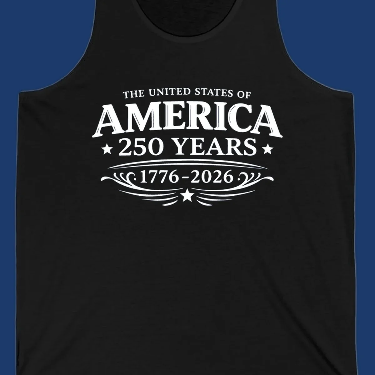 America 250 years text and dates 1776-2026 with stars and decorative elements.