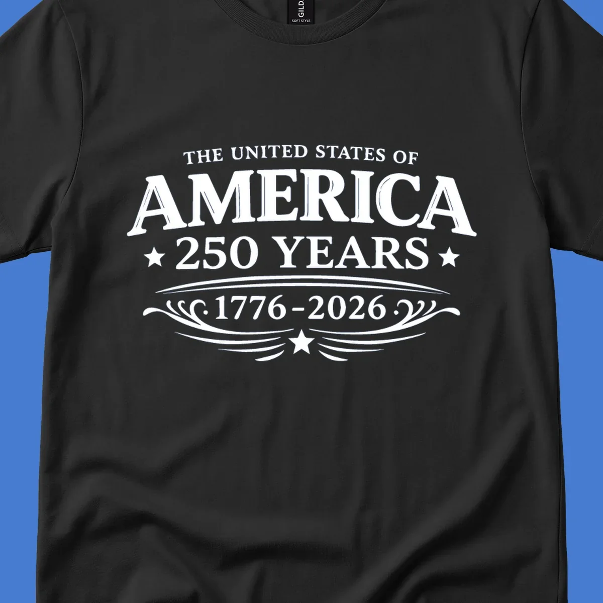 America 250 years text and dates 1776-2026 with stars and decorative elements.