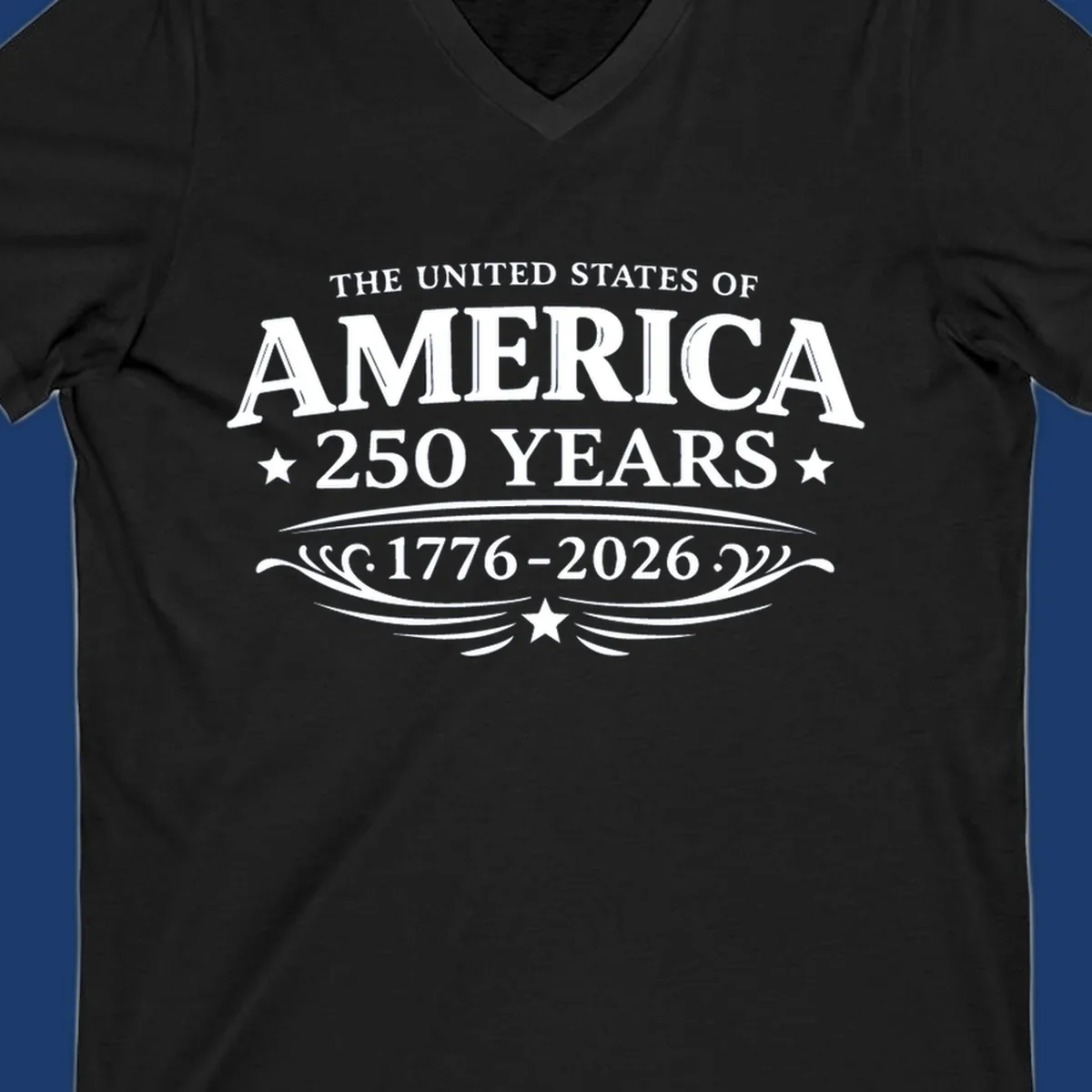 America 250 years text and dates 1776-2026 with stars and decorative elements.