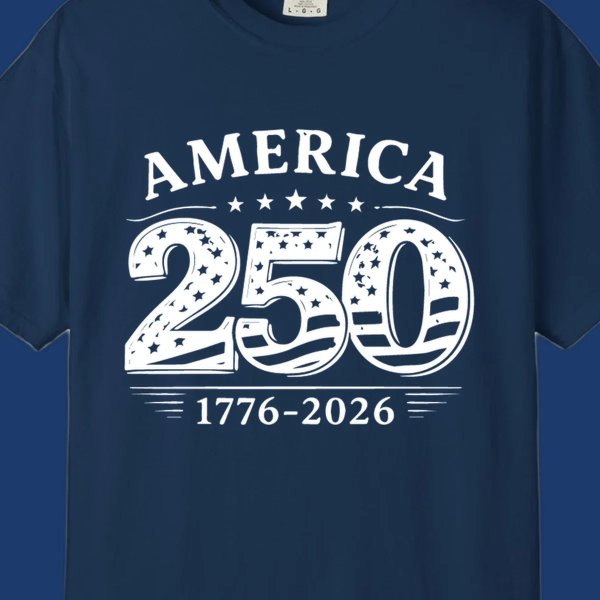 America 250th anniversary celebration text with stars and stripes.