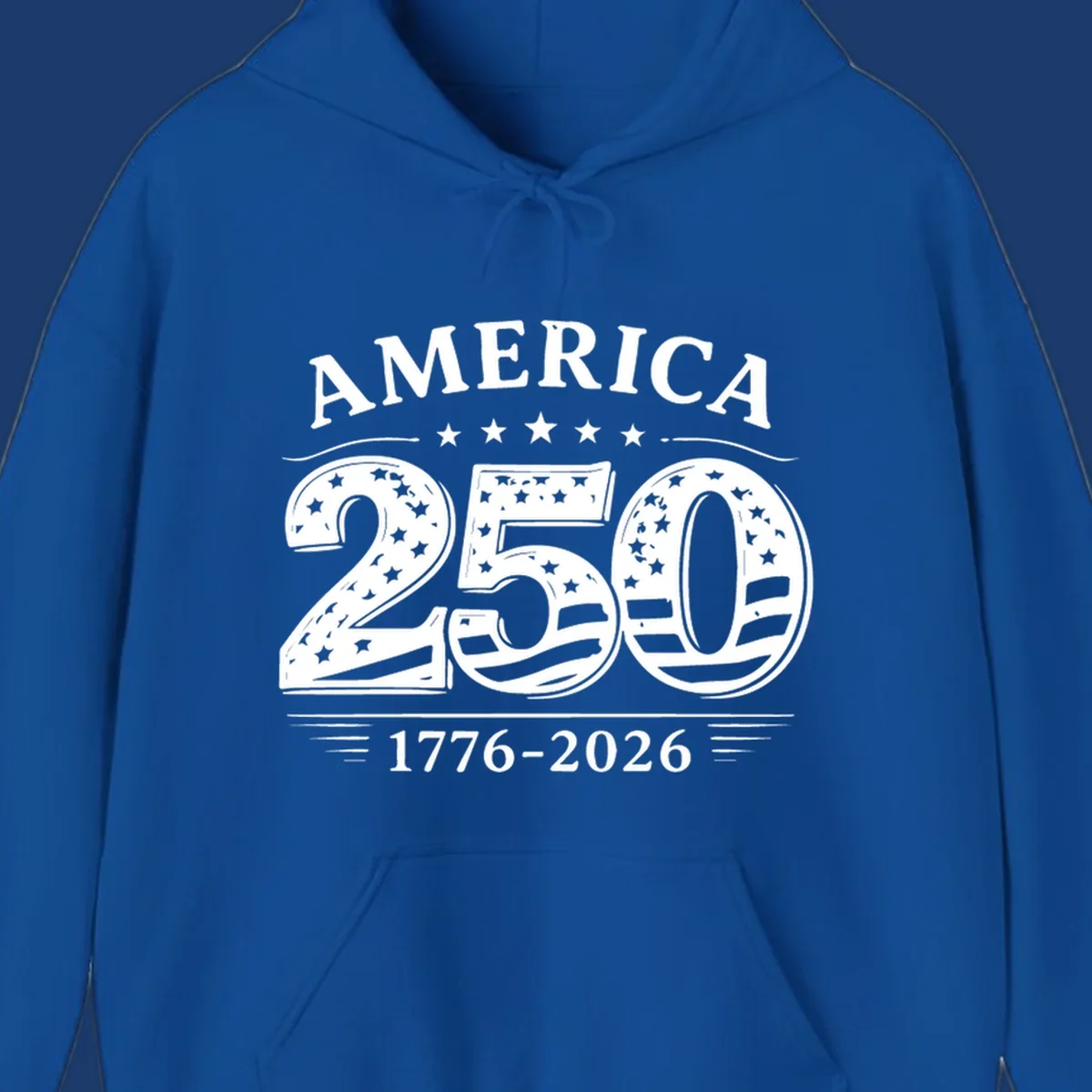America 250th anniversary celebration text with stars and stripes.