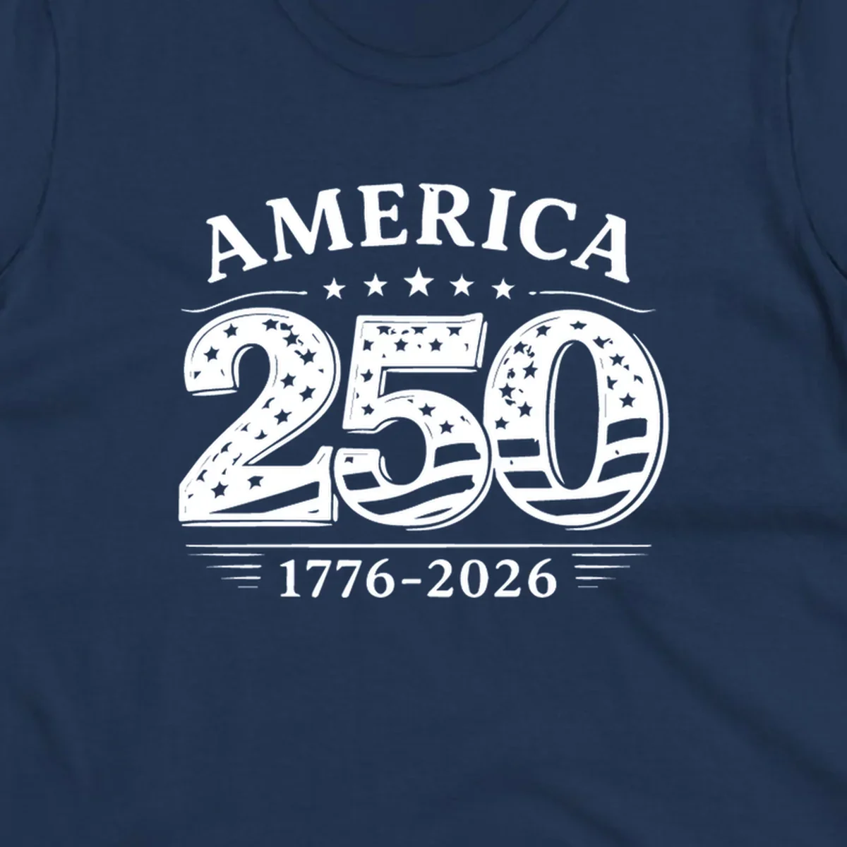 America 250th anniversary celebration text with stars and stripes.