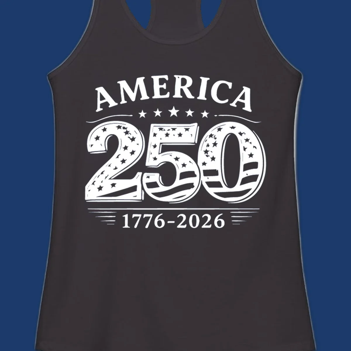 America 250th anniversary celebration text with stars and stripes.