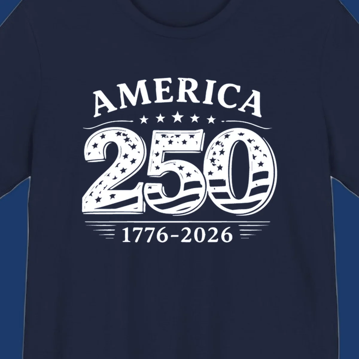 America 250th anniversary celebration text with stars and stripes.