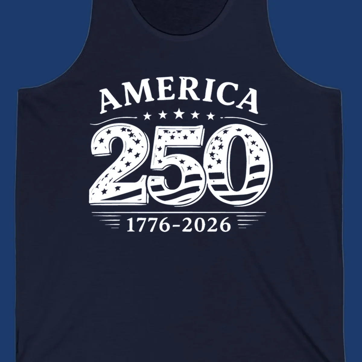 America 250th anniversary celebration text with stars and stripes.