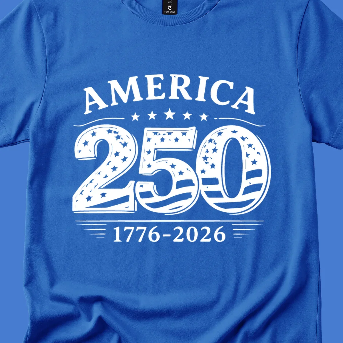 America 250th anniversary celebration text with stars and stripes.