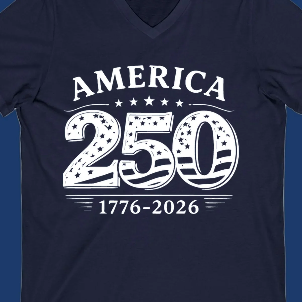 America 250th anniversary celebration text with stars and stripes.