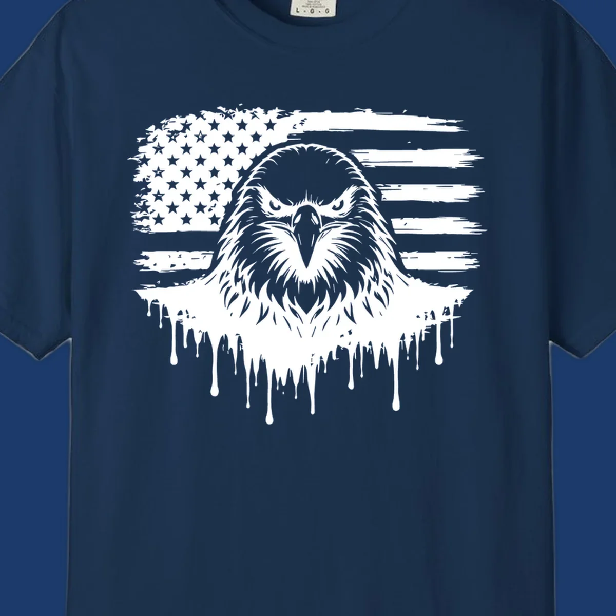 Bold eagle head illustration on a distressed American flag with dripping effect.
