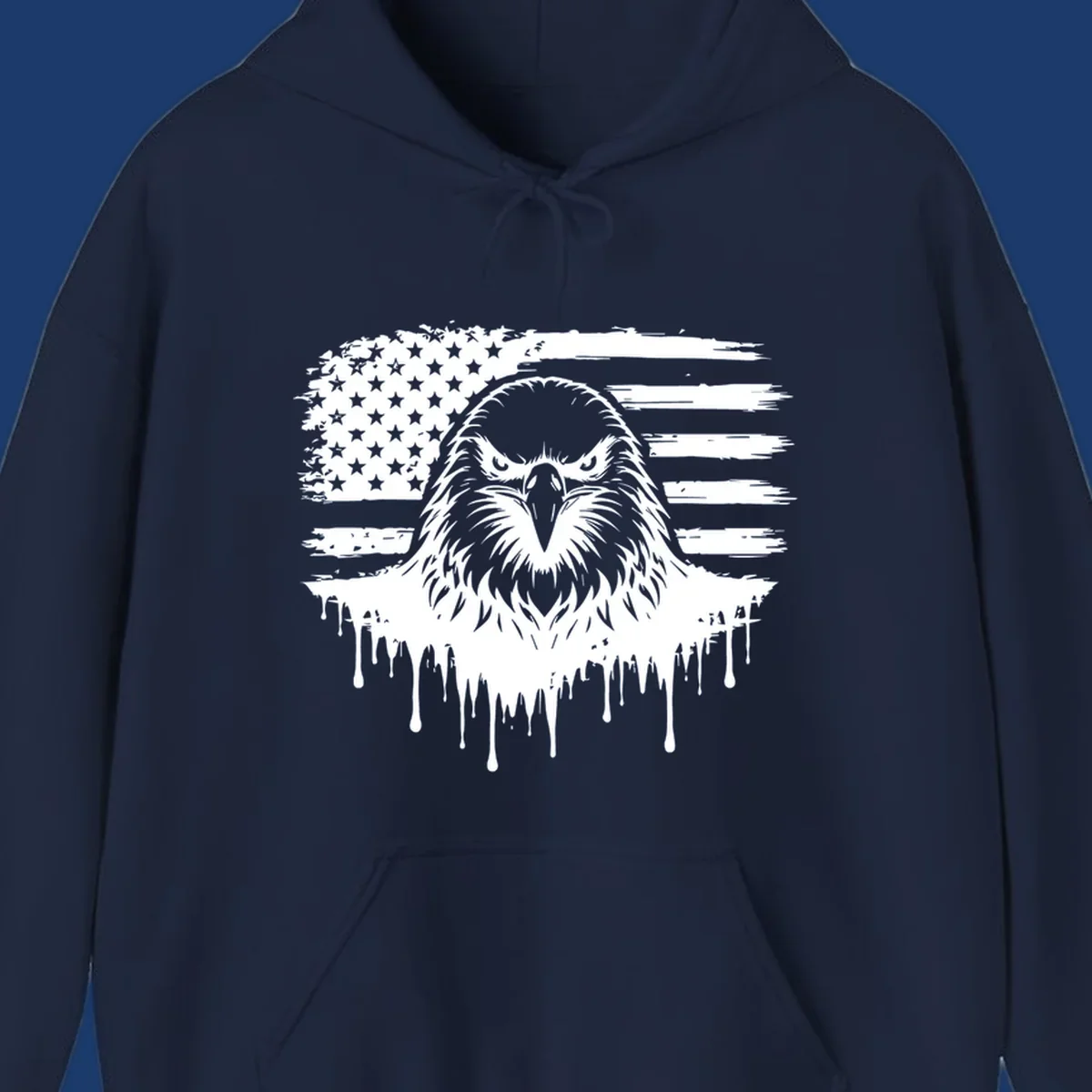 Bold eagle head illustration on a distressed American flag with dripping effect.