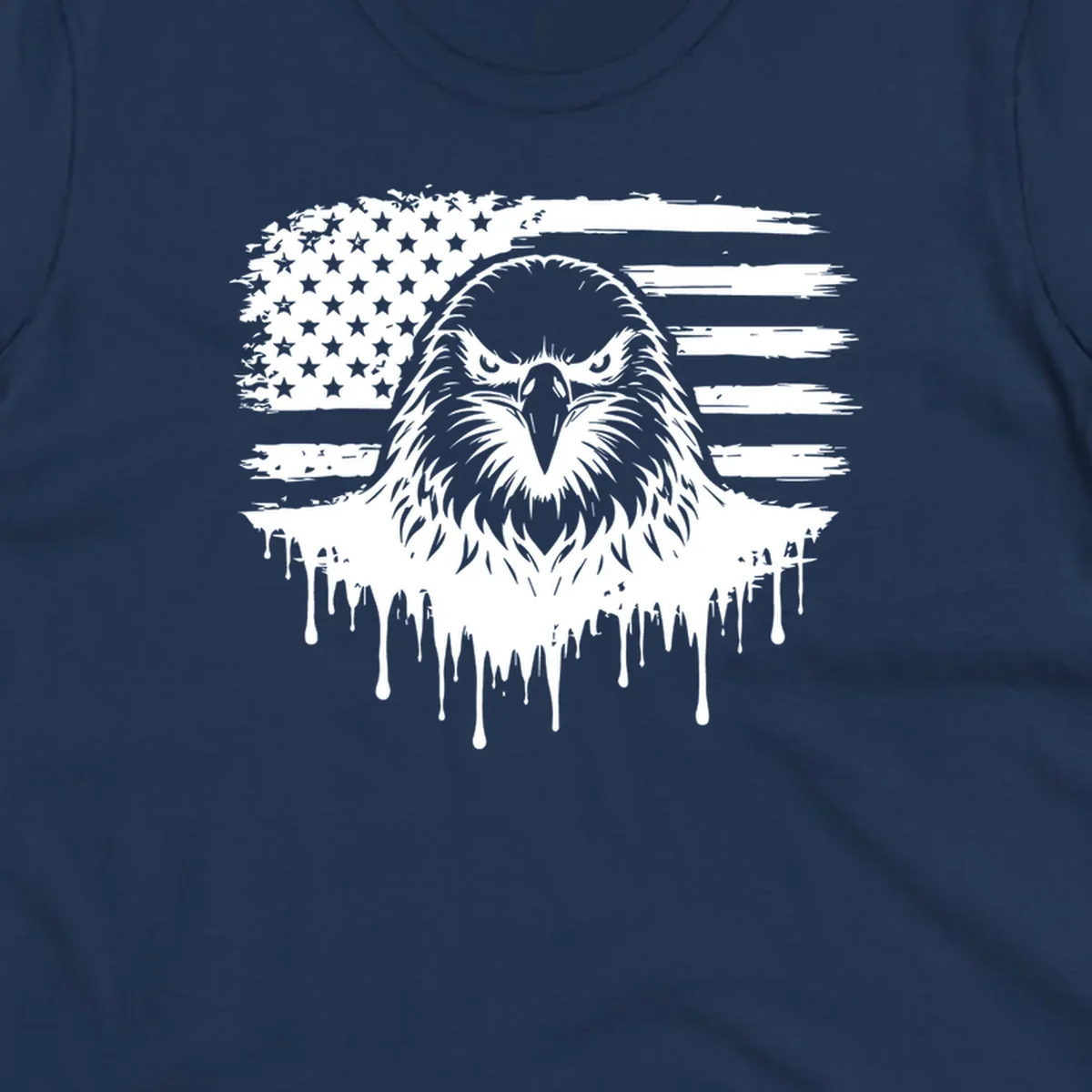 Bold eagle head illustration on a distressed American flag with dripping effect.