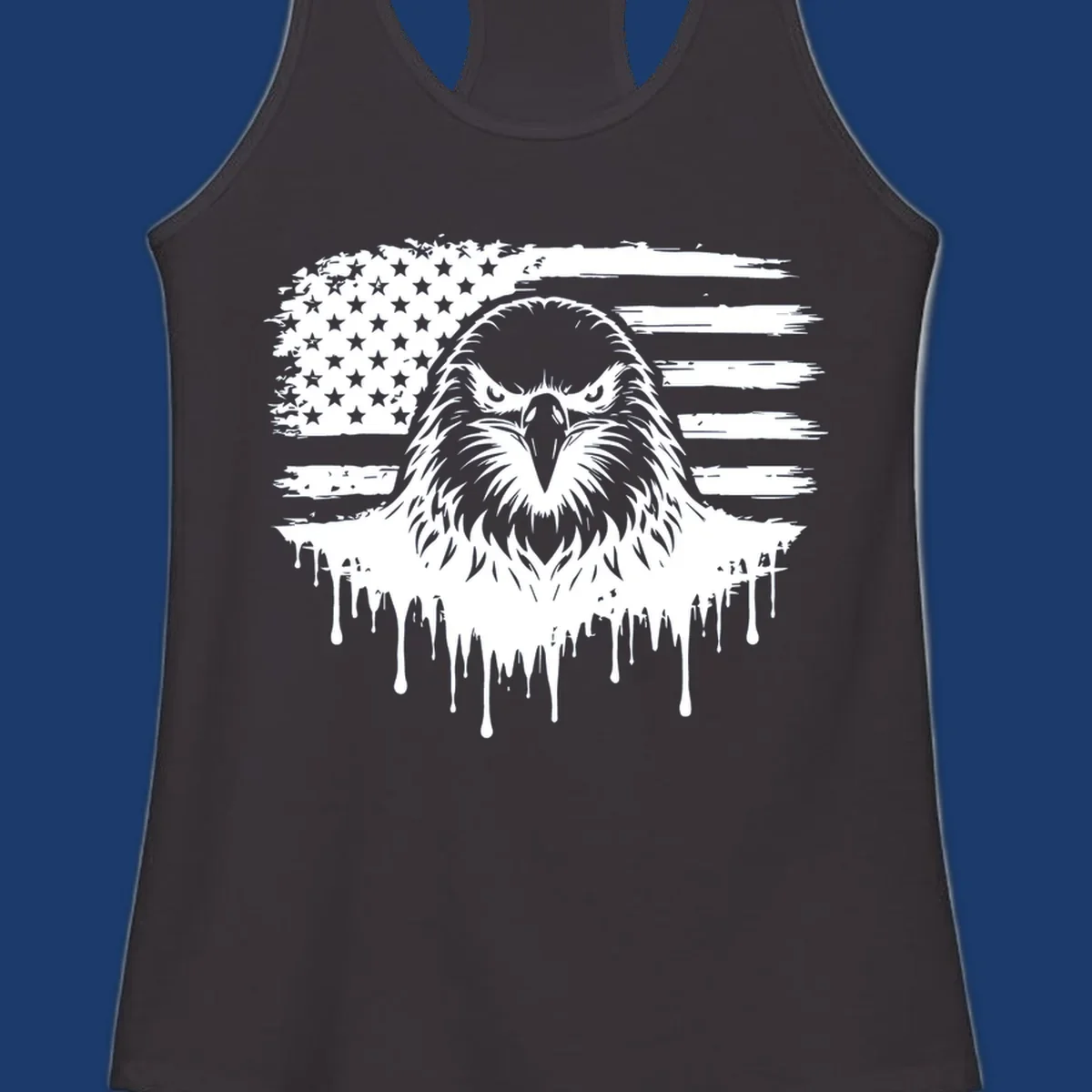 Bold eagle head illustration on a distressed American flag with dripping effect.