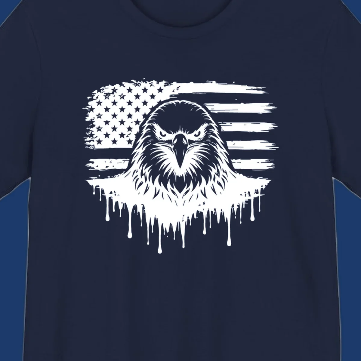 Bold eagle head illustration on a distressed American flag with dripping effect.
