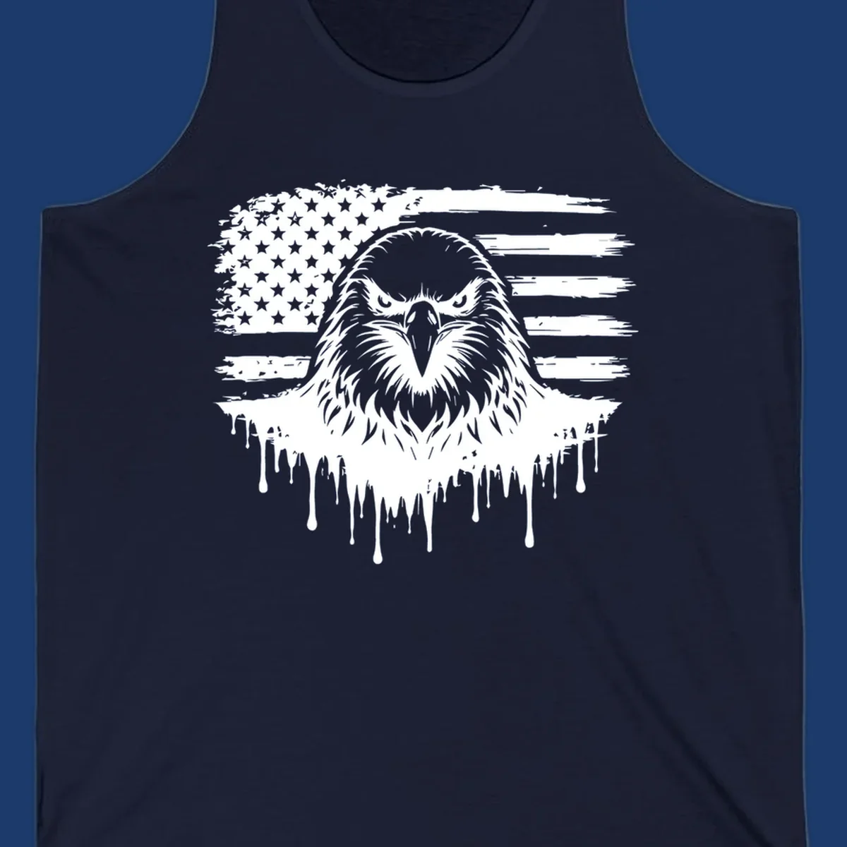 Bold eagle head illustration on a distressed American flag with dripping effect.